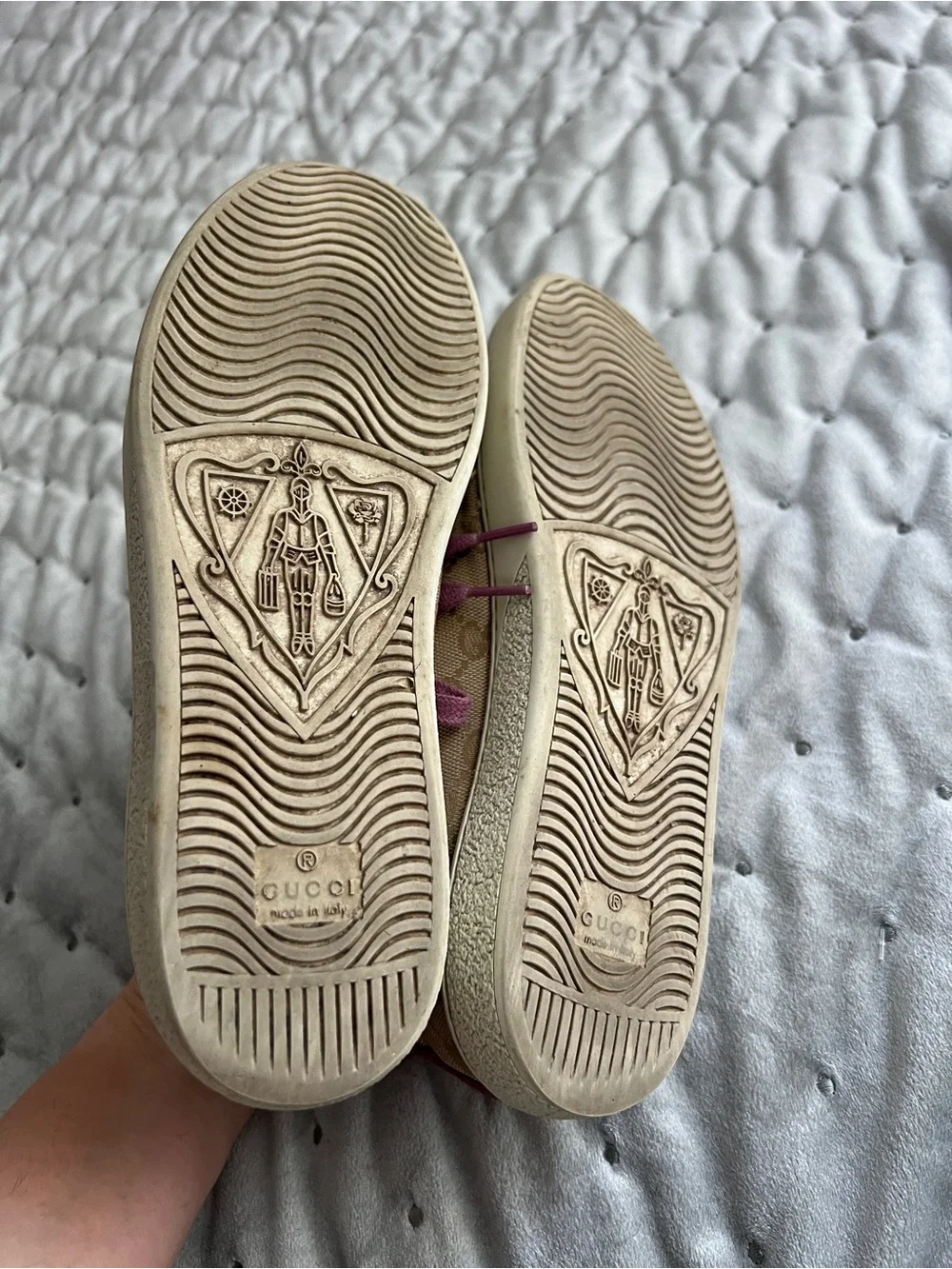 Gucci Beige GG Canvas High-Top Sneakers with Pink Trim